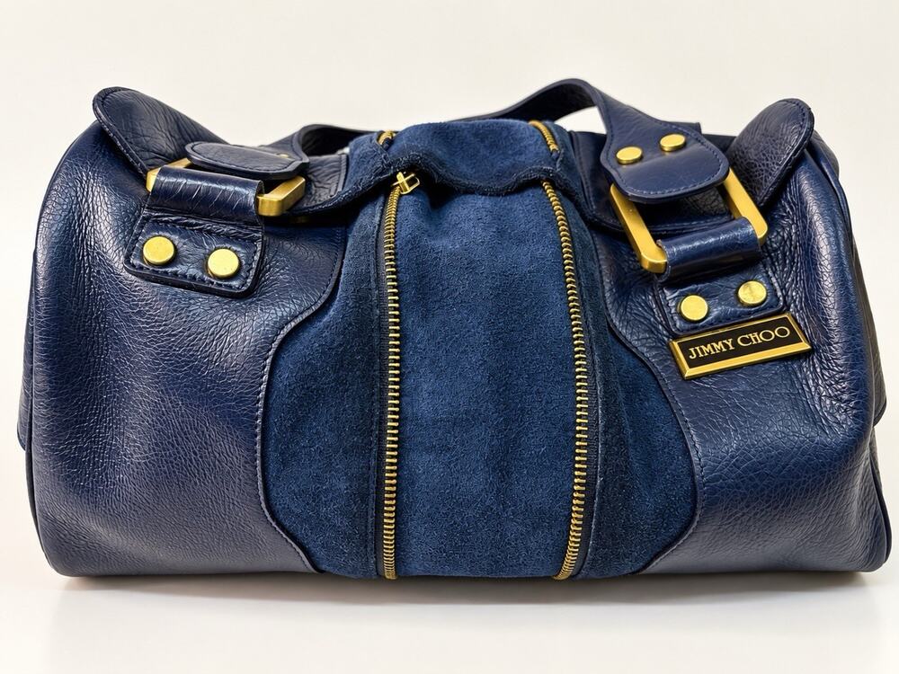 Jimmy Choo Navy Blue Leather Suede Expandable Handbag Gold Hardware